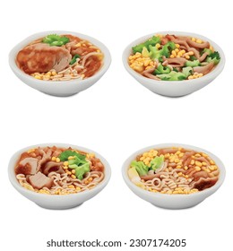 3D Ramen Noodle Isolated Vector Graphic for Food Restaurant Delicious Realistic Photo on White Background Udon: Tender Chashu Pork, Bean Sprouts, Corn Kernels, Fish Cake, Rich Miso Broth.

