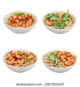 3D Ramen Noodle Isolated Vector Graphic for Food Restaurant Delicious Realistic Photo on White Background Udon: Succulent Grilled Shrimp, Crispy Tempura Bits, Fresh Bean Sprouts, Tangy Lime Wedges