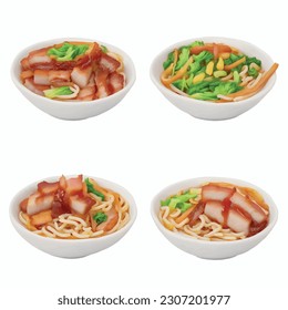 3D Ramen Noodle Isolated Vector Graphic for Food Restaurant Delicious Realistic Photo on White Background Udon: Rich and Savory Broth, Mouthwatering Roasted Pork Belly, Crispy Fried Shallots, Fresh 