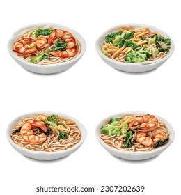 3D Ramen Noodle Isolated Vector Graphic for Food Restaurant Delicious Realistic Photo on White Background Udon: Succulent Shrimp, Crispy Tempura Bits, Nori Seaweed Strips, Spicy Chili Oil, Umami-Rich 