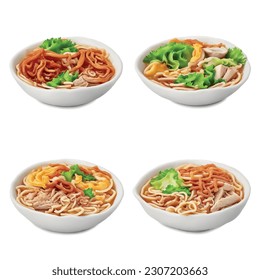 3D Ramen Noodle Isolated Vector Graphic for Food Restaurant Delicious Realistic Photo on White Background Udon: Juicy Chicken, Spicy Kimchi, Crispy Fried Shallots, Savory Nori Strips, Tangy Pickled  