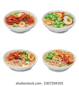 Gráfica vectorial aislada de fideos de Ramen 3D para restaurante de comida Deliciosa foto realista sobre Udon de fondo blanco: Kimchi picante, Huevo cocido, Tiras De Algas Nori, Cebollas Verdes En Ramificación, Tonkotsu Sabroso