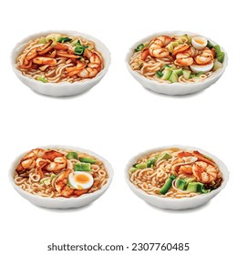 3D Ramen Noodle Isolated Vector Graphic for Food Restaurant Delicious Realistic Photo on White Background Udon: Tasty Teriyaki Sauce, Crispy Tempura Shrimp, Fresh Scallions, Creamy Soft-Boiled Egg 