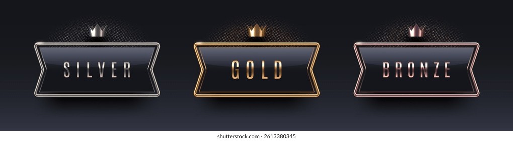 3d rank award sign with metal frame and crown. Gold, silver and bronze metallic rank sign on black background. Vector set.