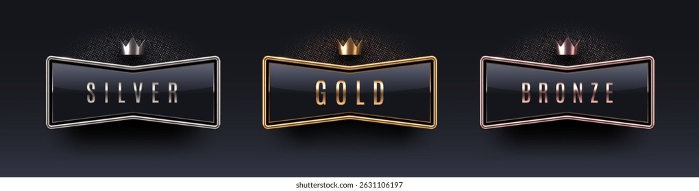 3d rank award sign with metal frame and crown. Gold, silver and bronze metallic rank sign on black background. Vector set.