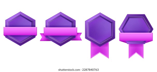 3D rank medial, vector game UI badge trophy, purple hexagon award quality icon set, pink ribbon. Champion celebration reward symbol, premium quality emblem, success graduation mark. Rank medal kit