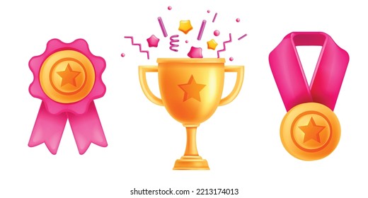 3D ranking icon set, vector game UI medal, golden cup, festive goblet, winner trophy medal, confetti. Quality certificate badge, cartoon champion achievement reward kit. 3D icon success prize clipart