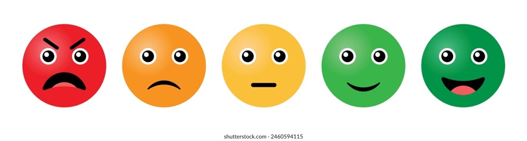 3D Rating emoji in colorful style. Feedback emoticons collection. Excellent, good, neutral, bad and very bad emojis. Flat icon set of rating and feedback emojis icons in colored.