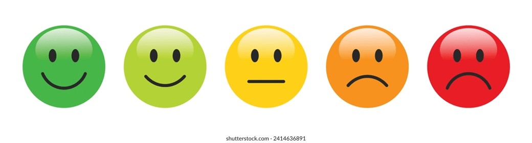 3D rating emojis set in different colors. Feedback emoticons collection. Very happy, happy, neutral, sad and very sad emojis. Flat icon set of rating and feedback emojis icons in different colors.