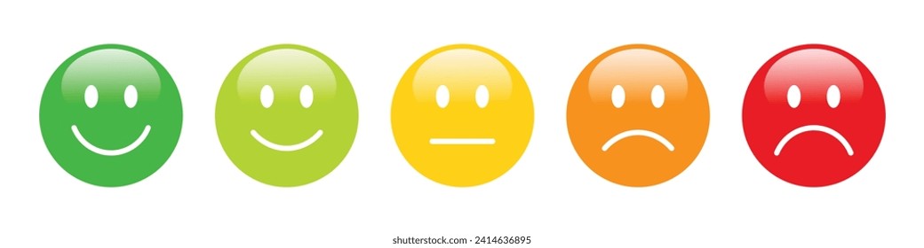 emojis de clasificación 3D ajustados en diferentes colores. Recopilación de emoticonos de retroalimentación. Muy felices, felices, neutrales, tristes y muy tristes emojis. Juego de iconos planos de emojis de valoración y retroalimentación con los ojos y la boca blancos