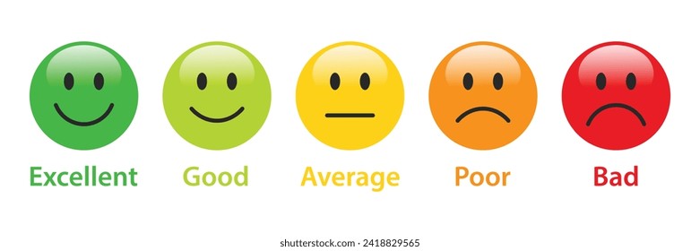 3D Rating Emojis in verschiedenen Farben mit Label. Feedback-Emoticons-Sammlung. Hervorragende, gute, durchschnittliche, arme und schlechte Emoji-Symbole. Flaches Icon Set von Bewertungen und Feedback Emoji Icons.