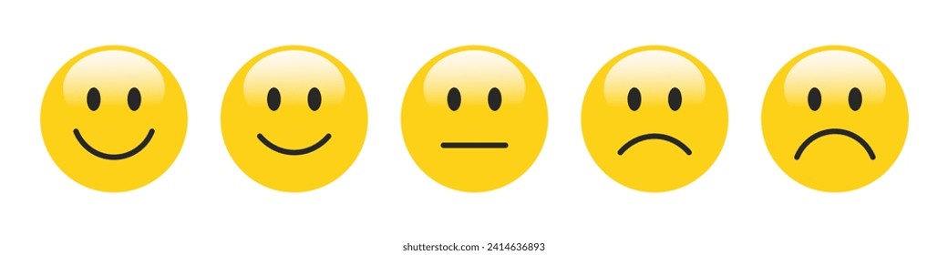 3D rating emojis set in yellow color. Feedback emoticons collection. Very happy, happy, neutral, sad and very sad emojis. Flat icon set of rating and feedback emojis icons in yellow color.