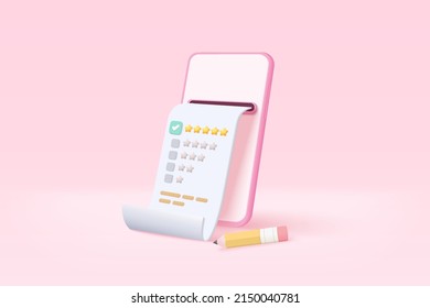 3d rating five stars for best excellent rating in mobile phone . 5 star for quality customer rating feedback concept. Phone task todo check list, product review icon. 3d vector render illustration