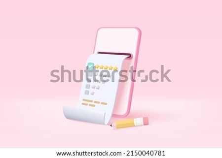 3d rating five stars for best excellent rating in mobile phone . 5 star for quality customer rating feedback concept. Phone task todo check list, product review icon. 3d vector render illustration