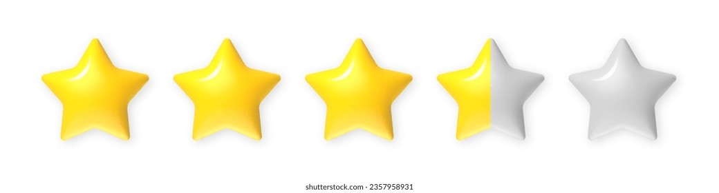 3d rating stars. Review evaluation, 5 star hotel rate, feedback rank vote buttons. Customer recommendation isolated vector interface premium icons. Client satisfaction assessment or opinion