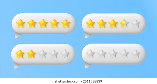 3d rating stars. Speech bubble with 5 golden and white star. Feedback box with good and bad review. Customer positive and negative rate. Client evaluation. Realistic vector concept.