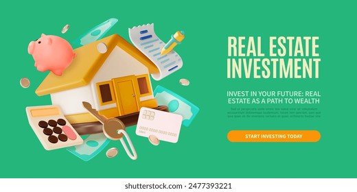 3d Real Estate Investment Invest in Your Future Concept Ads Banner Poster Card. Vector illustration of Home Building and Key Floating Objects