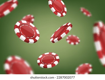 3d realisitc vector green background. Casino concept. Poker game flying chips. Game tokens.