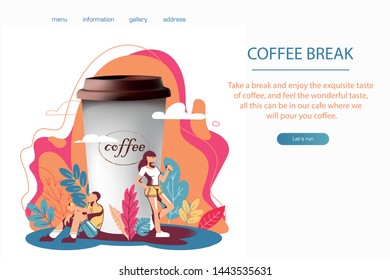 3D realism and flat design, a great Cup of coffee and people drink coffee