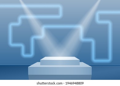 3D Realism, two levels rectangular scene for exhibition, advertising, presentation. Blue abstract background with neon line. The rays of the searchlight shine on the pedestal. Minimalistic scene.