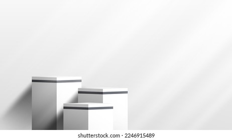 3D realista pantalla de forma cubo de plataforma de podio de 3 colores blanco y gris, con iluminación sobre fondo limpio estilo mínimo. Resumen de la sala de estudio elegante escena de la pared. Presentación de productos