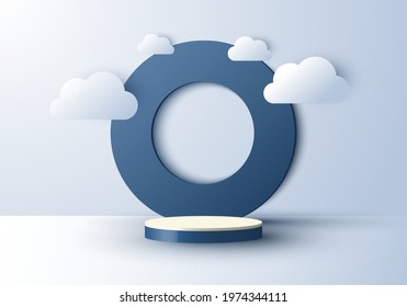 3D realistic abstract minimal scene geometrical forms circle backdrop and empty podium display with cloud on blue sky background. Design for product presentation, mockup, etc. Vector illustration