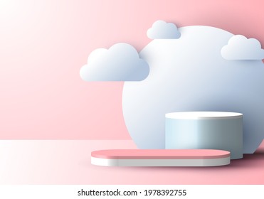 3D realistic abstract minimal scene empty podium display with cloud paper cut style on soft pink background. Design for product presentation, mockup, etc. Vector illustration