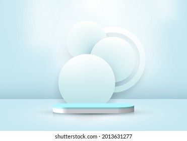 3D realistic abstract minimal scene empty podium studio room with circle backdrop and lighting soft blue background. Design for product presentation, mockup, etc. Vector illustration