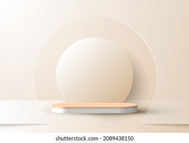 3D realistic abstract minimal scene empty podium studio room with circle backdrop and lighting soft brown background with transparent glass decoration. Design for product presentation, mockup, etc.