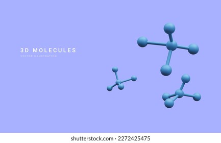 3d realistic abstract molecules isolated on blue background. Scientific banner for medicine, biology, chemistry and science concept in cartoon style. Vector illustration