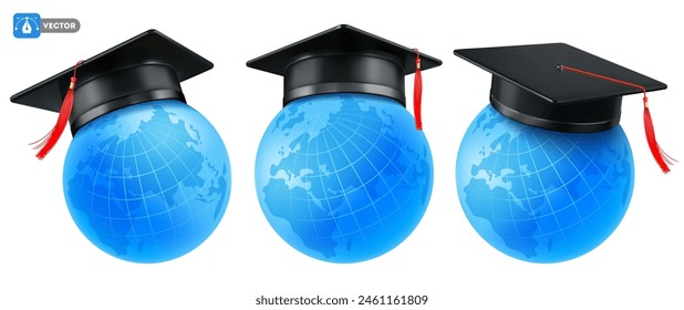 Gorra de graduación académica realista 3d, sombrero de toga en el globo, conjunto de vistas desde diferentes ángulos, aislado. Concepto de Educación en línea, diseño para la ceremonia de graduación de felicitación. Ilustración vectorial