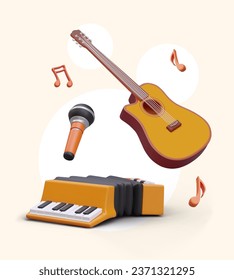 3d realistic accordion, guitar and microphone and notes. Vertical poster for musical instrument shop or musical school. Vector illustration in yellow colors