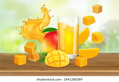 Publicidad realista 3D de jugo de mango, vaso de bebida y jugo de mango amarillo salpicar en una mesa de madera, bebida de frutas tropicales