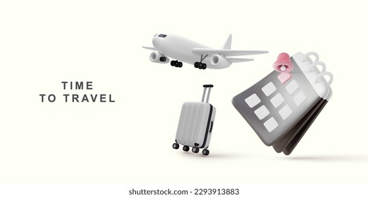 3D realistic airplane. Calendar and suitcase. Vector illustration.