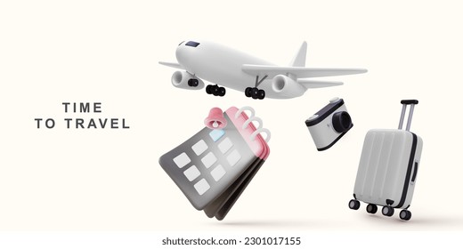 3D realistic airplane, camera, calendar and suitcase. Vector illustration.