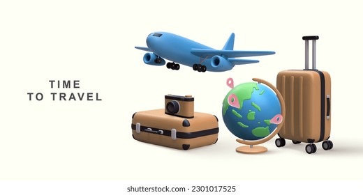 3d realistic airplane flight - world tour to planet. Vector illustration.