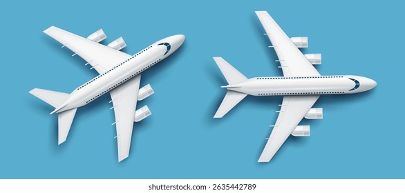 3D realistic airplanes.airliners top view design on the light blue background.transport and travel concept aircraft vector illustration.