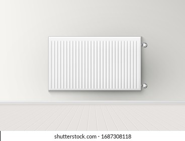 3d Realistic Aluminum Central Heating Battery Radiator On Wall. EPS10 Vector