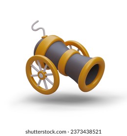 3d realistic ancient cannon on wheels isolated on white background. Weapons for shooting. Military weapons for game. Vector illustration in yellow and black colors