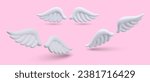 3d realistic angel wings in different positions on pink background with shadow. Concept of sale. White cute wings of animal. Vector illustration in 3d style
