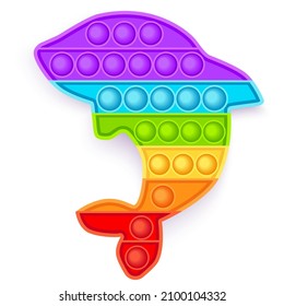 3d realistic antistress fidgeting toy shaped as a dolphin. Rainbow popular popit toy. Pop it sensory vector toy.