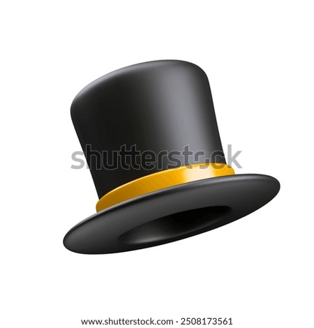3d realistic art of wizard hat. Black magic hat with gold ribbon. Vector magic hat for magician. Vintage man fashion and magic show concept. Hat for magic tricks isolated on a white background