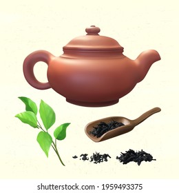 3d realistic Asian teaware collection, including ceramic teapot, bamboo tea spoon and tea leaves.