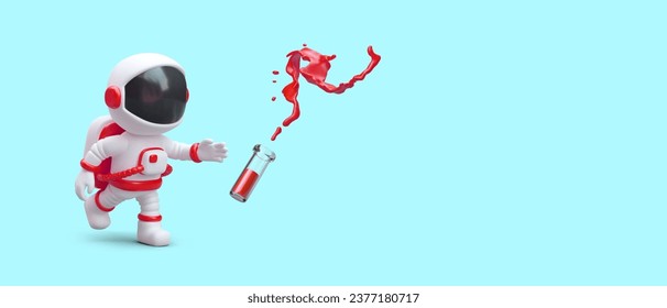 3d realistic astronaut running and catching flask of water in red color. Poster with cartoon character with blue background. Vector illustration in 3d style