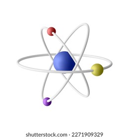 3d realistic atom with orbital electrons isolated on white background. Nuclear energy, scientific research, molecular chemistry, physics science concept. Vector illustration