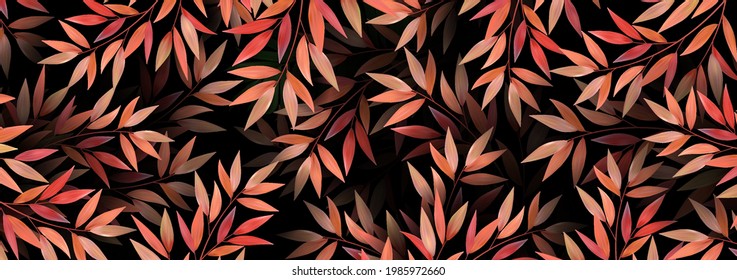 3d realistic autumn leaves. Autumn background in red, orange colors. Texture design for web banner, print, wallpaper. Vector illustration.