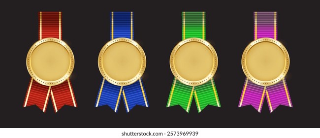 3D Realistic Award Medal: Golden Badge with Red, Blue, Green and Purple Ribbon - Winner Trophy Design Element. Vector Illustration 