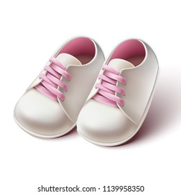 3d realistic baby girl pram shoes. Design element for baby shower invitations, birthday card or baptism ceremony.