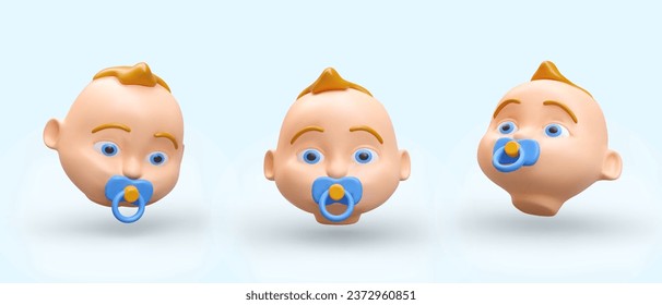 3d realistic baby head in different positions. Model of little boy with pacifier. 3d object children concept. Vector illustration with gray background in blue colors