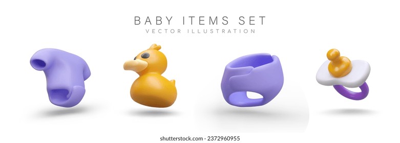 3d realistic baby items set. Bodysuit, plastic pacifier and diaper. Elements of clothing and toy for newborn baby. Vector illustration in purple colors with place for text